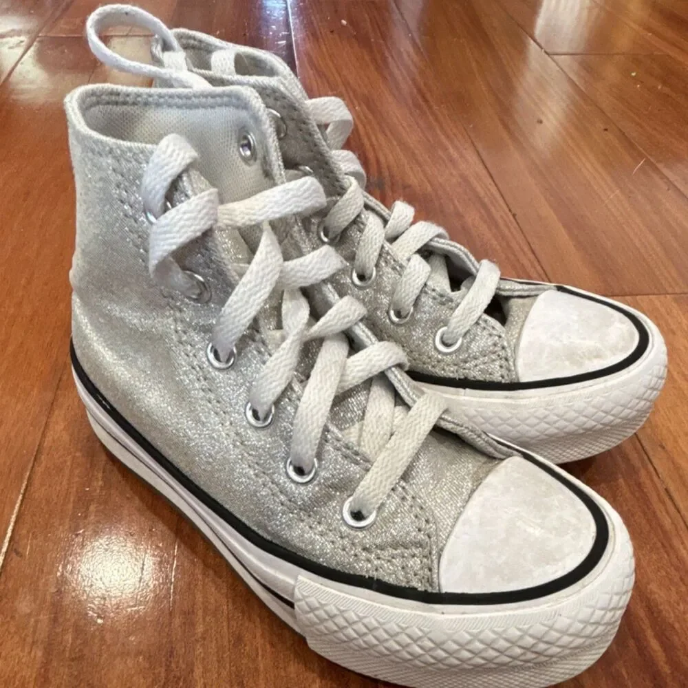 Converse Chuck Taylor All Star Hi Kids Silver Glitter Canvas High Top Sz 11.5